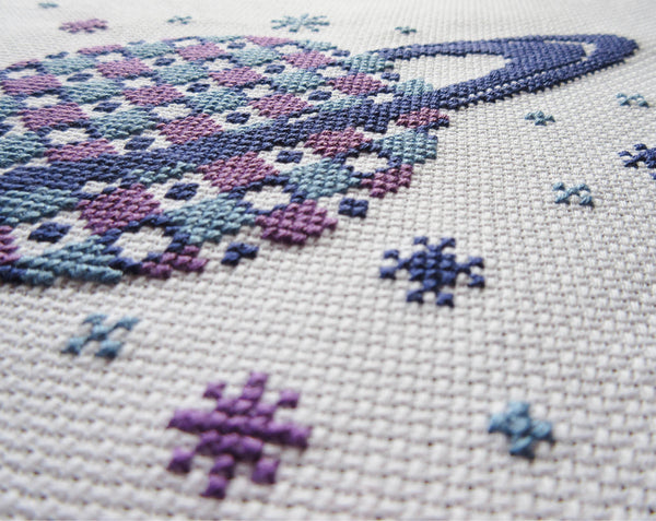 Patterned Saturn cross stitch kit - angled view of stitched piece