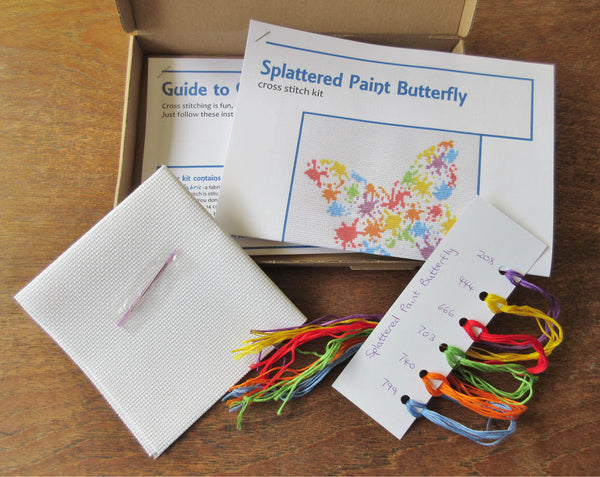 Splattered Paint Butterfly cross stitch kit - box contents