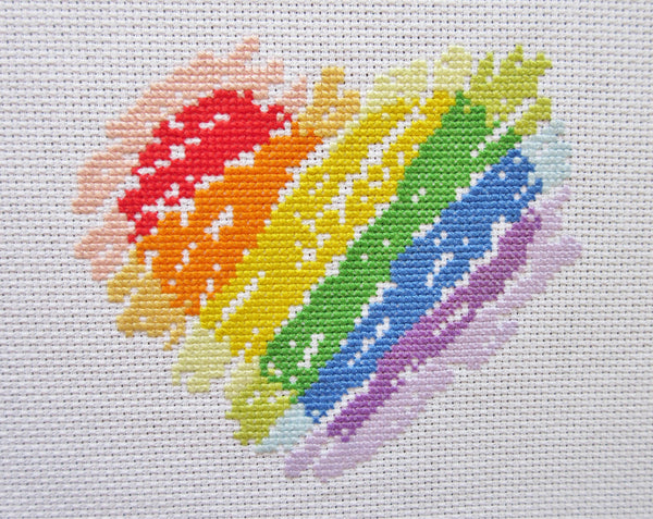 Brushstrokes Rainbow Heart cross stitch pattern - stitched piece