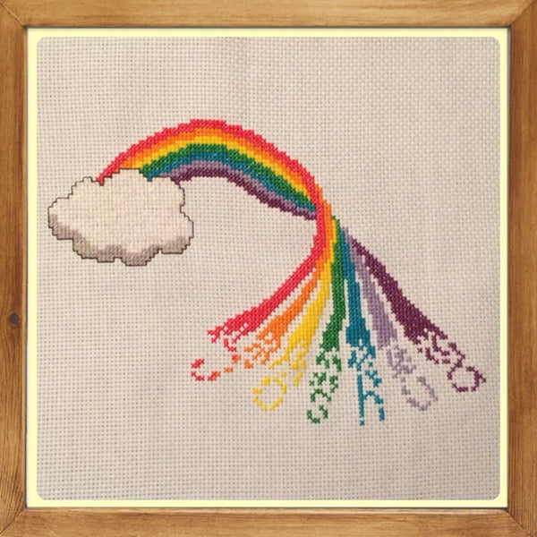 Personalised rainbow cross stitch pattern - rainbow with name emerging from it. Version with one name - customer's stitched piece.
