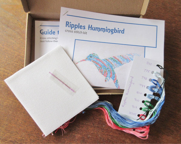 Ripples Hummingbird cross stitch kit - kit contents