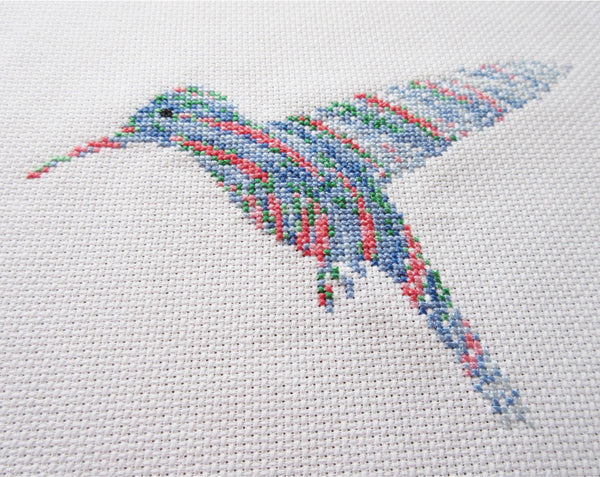 Ripples Hummingbird cross stitch kit - angled view of stitched piece
