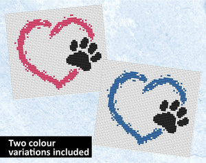 Paw Print On My Heart cross stitch pattern - pink and blue versions included