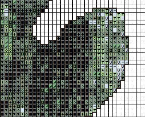 Evocative cross stitch pattern of a sloth filled with a scene of the rainforest, full of trees, leaves and tangled vines. Section of PDF.