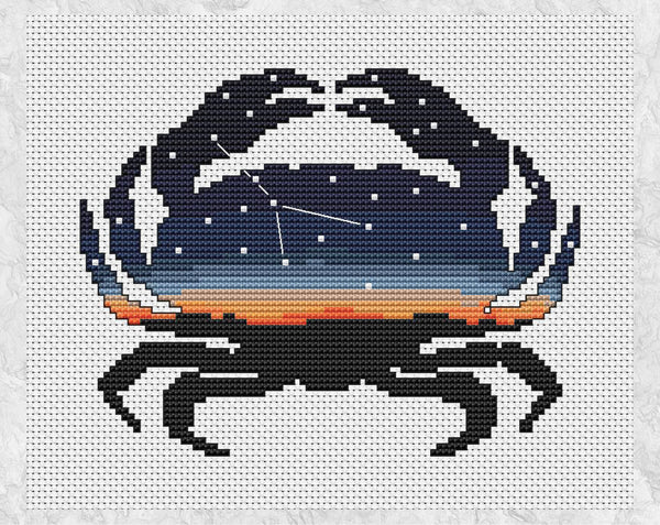 Cross stitch pattern of a crab silhouette filled with the zodiac constellation of Cancer against an evening sky. Without frame.
