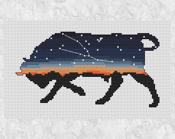 Taurus cross stitch pattern - outline of a bull with the Taurus constellation inside the silhouette. Astronomy or space pattern or for those with Taurus star sign. Shown without frame.