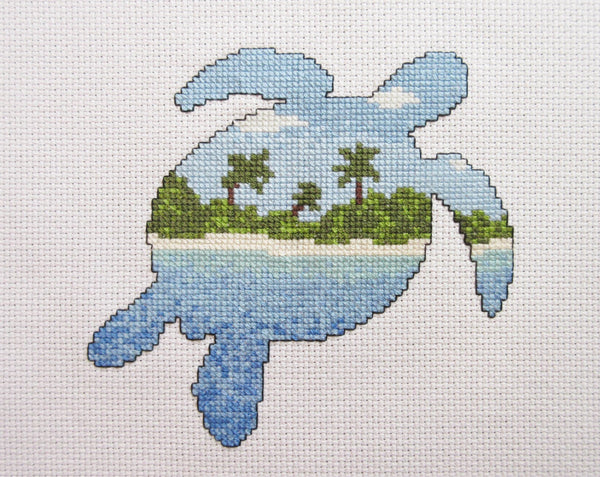 Desert Island Turtle cross stitch kit - turtle with beach scene inside its body