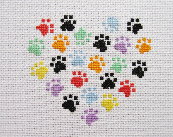 Paw Print Heart cross stitch kit - paw prints forming a heart shape, easy to cross stitch