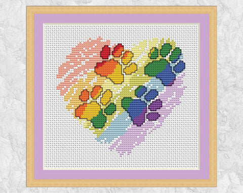 Brushstrokes Paw Print Heart cross stitch pattern with frame