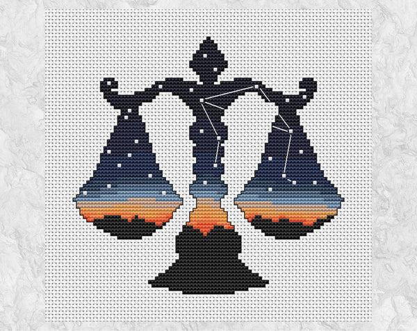 Cross stitch pattern of the silhouette of the weighing scales of Libra, filled with the last colours of the setting sun and with the constellation of Libra in the night sky. Shown without frame.