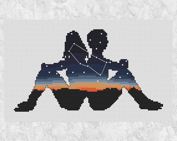 Zodiac cross stitch pattern of the twins of Gemini sitting back to back, filled with a scene of the constellation Gemini against the last of the setting sun. Shown without frame.