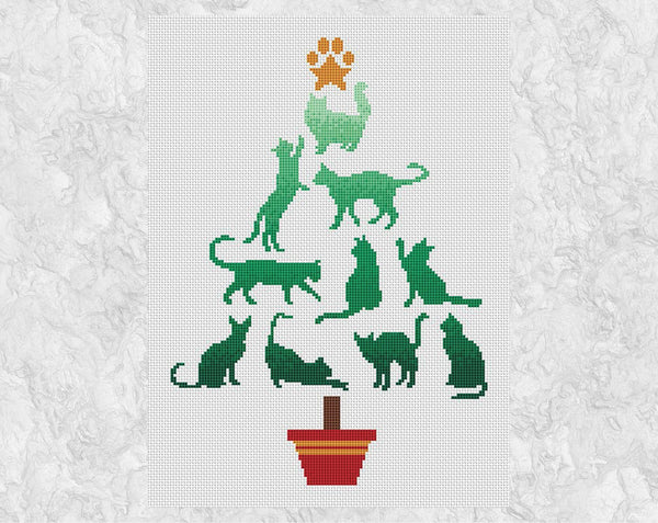 Cat Christmas Tree cross stitch pattern (larger) - silhouettes of ten cats with paw print star at the top forming the shape of a Christmas tree. Without frame.