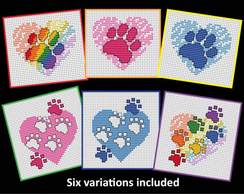 Mini Paw Print Heart cross stitch patterns - six variations included