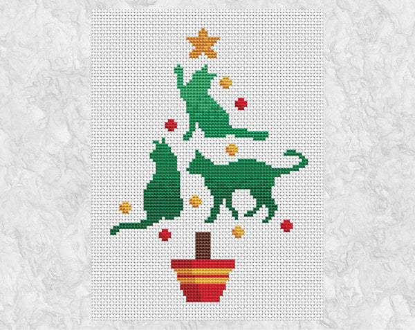 Cross stitch pattern PDF of a Christmas tree made up of cats - smaller card sized version - without frame