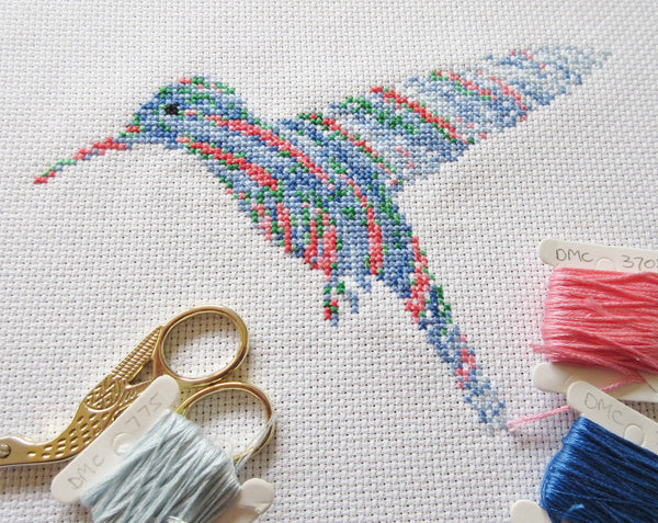 Ripples Hummingbird cross stitch pattern - stitched piece with props
