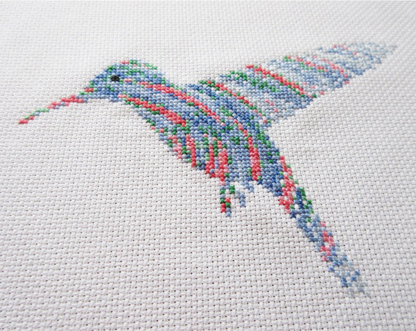 Ripples Hummingbird cross stitch pattern - angled view of stitching
