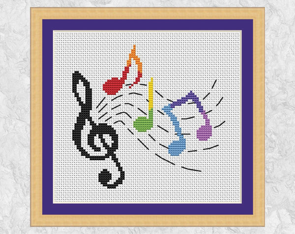 Rainbow Musical Notes cross stitch pattern - music notes with treble clef and wavy stave