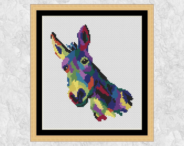 Multicoloured Patchwork Donkey cross stitch pattern - shown with frame