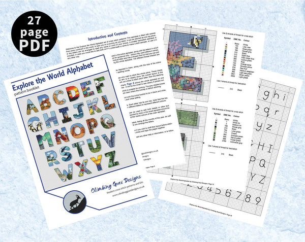 Explore the World Alphabet cross stitch pattern - example pages of PDF