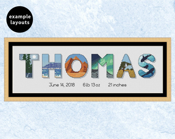 Explore the World Alphabet cross stitch pattern - example name 'Thomas'