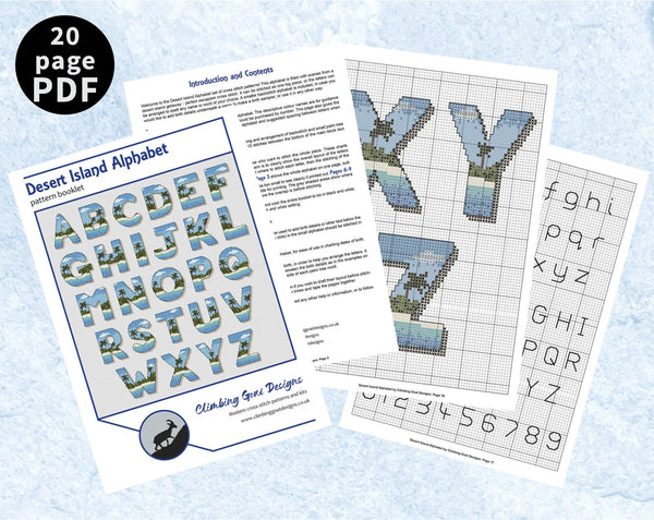 Desert Island Alphabet cross stitch pattern - example pages of PDF