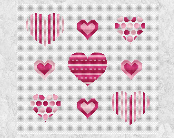 Stripy and Spotty Hearts cross stitch pattern - nine mini hearts