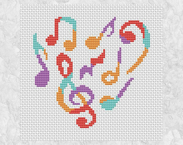 Music Heart cross stitch pattern - unframed pastel rainbow version