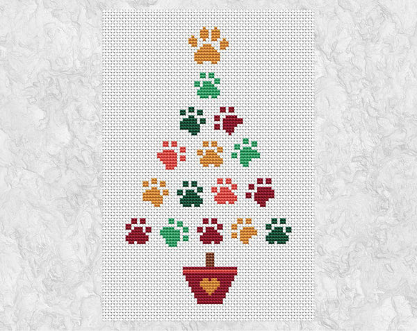 Paw Print Christmas Tree cross stitch pattern (mid size) - craft project for animal lover