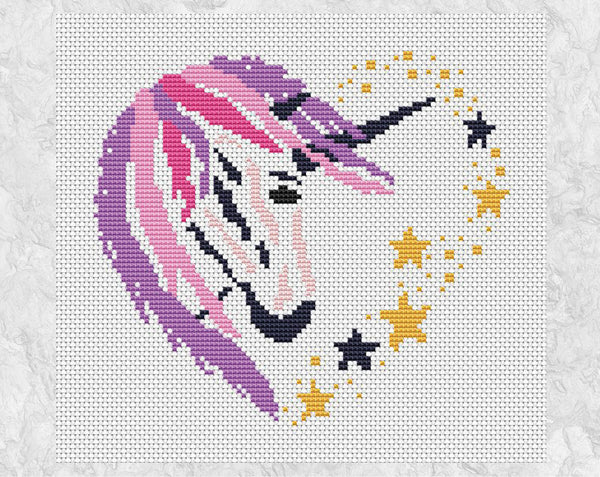 Unicorn and Stars Heart cross stitch pattern - Sketched Heart Collection - in purple, pinks, navy blue and yellow
