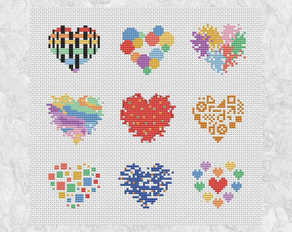 Nine Hearts cross stitch pattern - mini designs in pastel colours