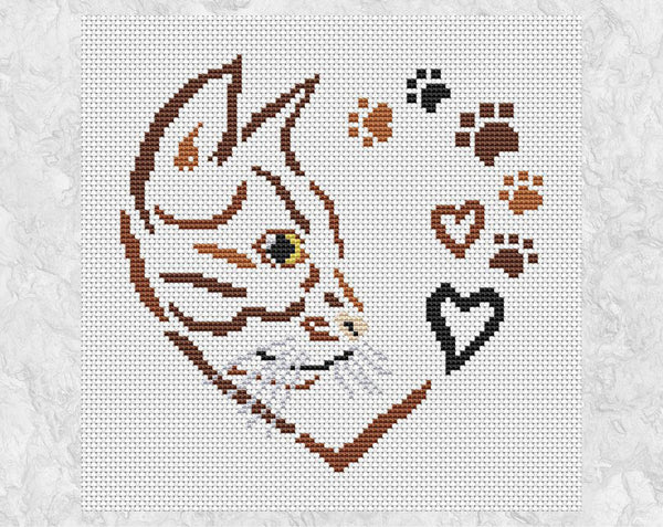 Cross stitch pattern PDF of a cat, hearts and paw prints forming a larger heart. Without frame.