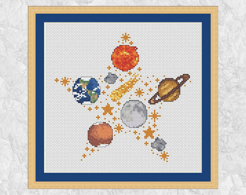 Space Star cross stitch pattern (Solar System version) with frame