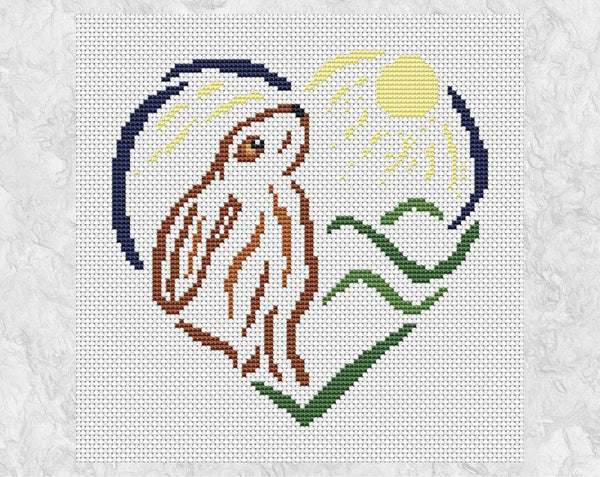 Moon Gazing Hare cross stitch pattern - Sketched Heart Collection - without frame