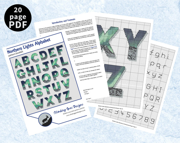 Northern Lights Alphabet cross stitch pattern - example pages of PDF