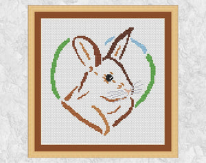 Rabbit Heart cross stitch pattern - bunny, grass and sky outline forming a heart