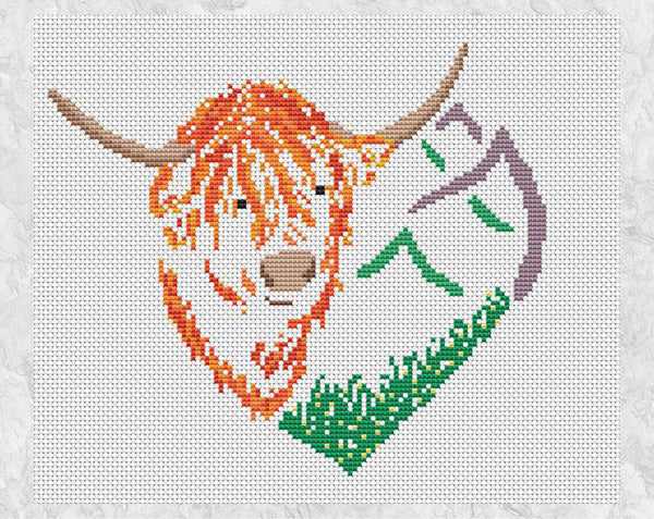 Highland Cow Heart cross stitch pattern - without frame