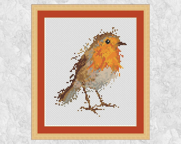 Splattered Paint Robin cross stitch pattern (larger) in frame