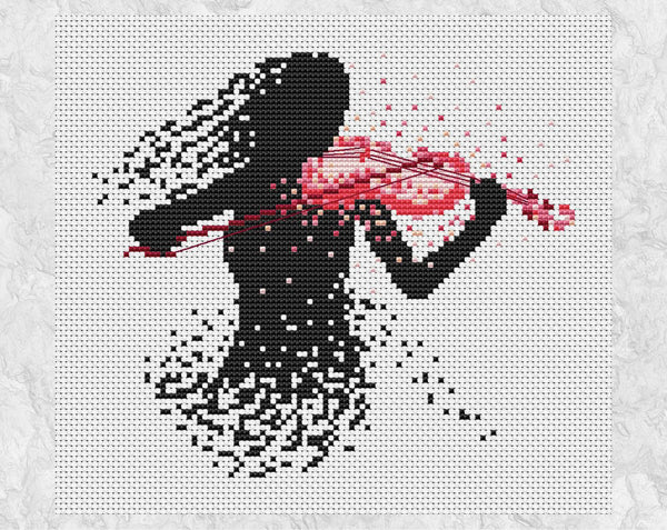 Modern art cross stitch pattern of a female violin player. Shown without frame.