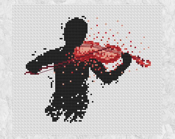 Modern art cross stitch pattern of a male violin player. Shown without frame.