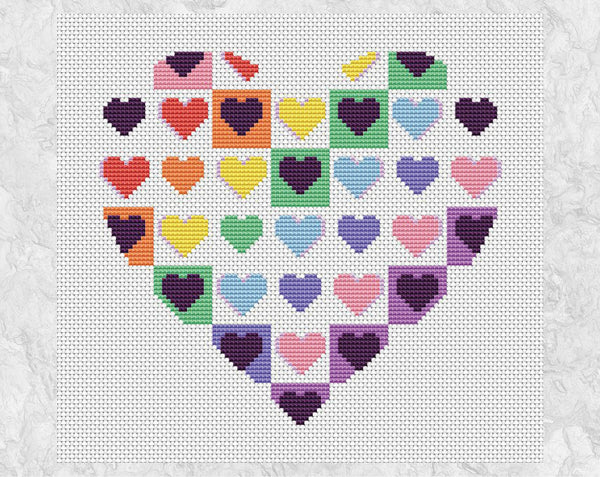 Chequered rainbow heart cross stitch pattern without frame