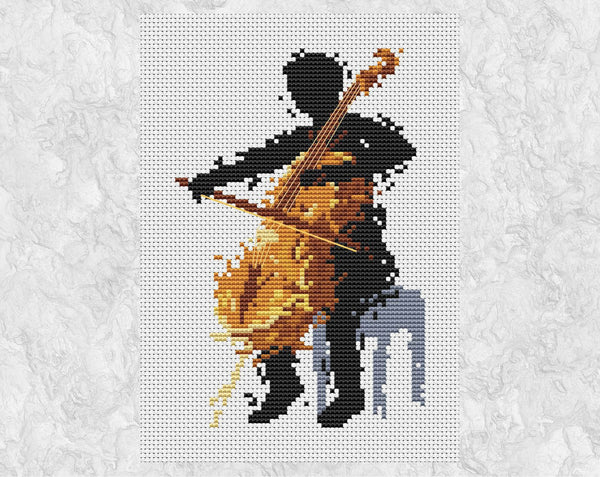 Cellist cross stitch pattern (male) - splattered paint cello player - without frame