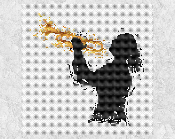 Modern art cross stitch pattern of a female trumpet player. Shown without frame.
