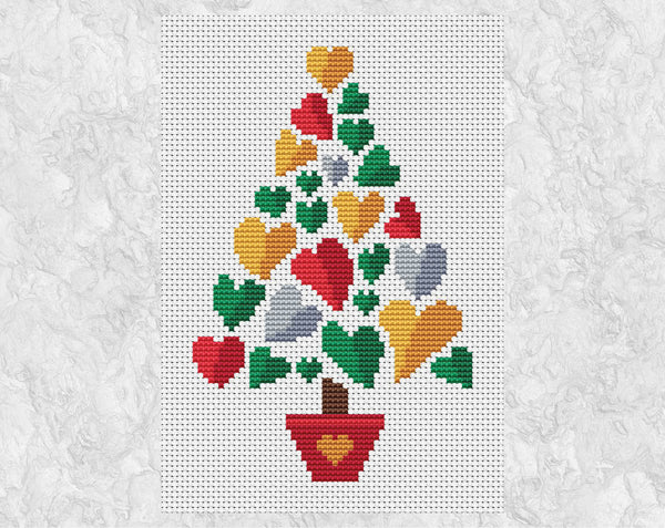 Cross stitch design of an xmas tree made up of heart shapes