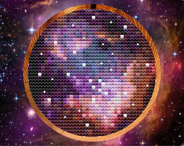 Small Magellanic Cloud Astronomy cross stitch pattern - in hoop on galaxy background