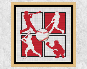 Modern cross stitch pattern of a four silhouettes of baseball players and a baseball. With frame.