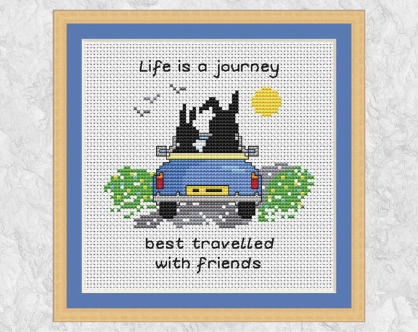 Life is a Journey cross stitch pattern in frame - UK spelling