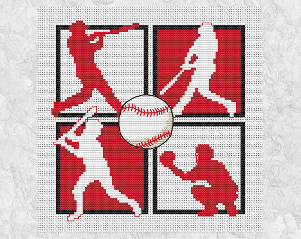 Modern cross stitch pattern of a four silhouettes of baseball players and a baseball. Without frame.