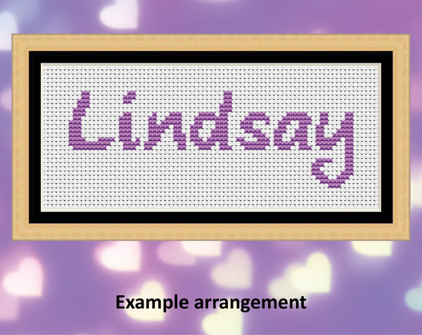 Koala Alphabet - complete upper and lower case cross stitch font - text showing the letters for 'Lindsay' as an example name