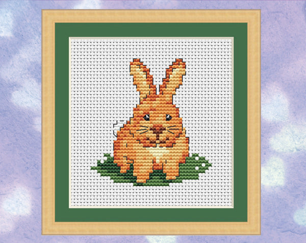 Baby Bunny Rabbit mini cross stitch pattern. Shown with frame.