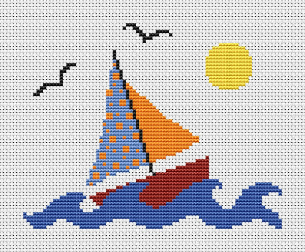 Cross stitch pattern of a sailboat out on the sea with waves, sun and birds. Without frame.